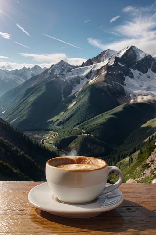 mountain background , "buenos dias " , taza de cafe