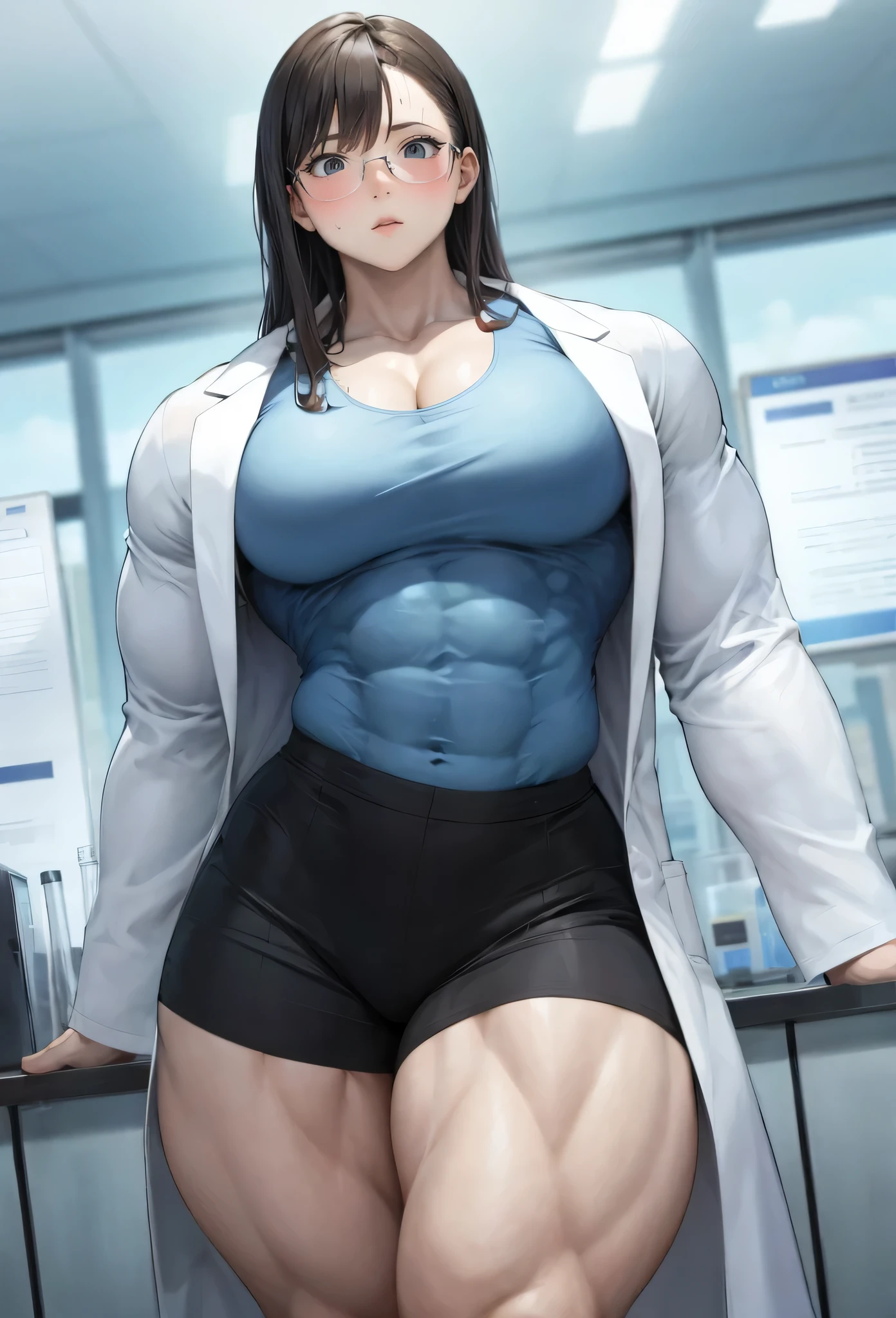 ,girl,, muscular female, alternate muscle size,,muscular ,biceps,muscular,muscular thighs,blush , thick thighs,lab coat,laboratory,glasses