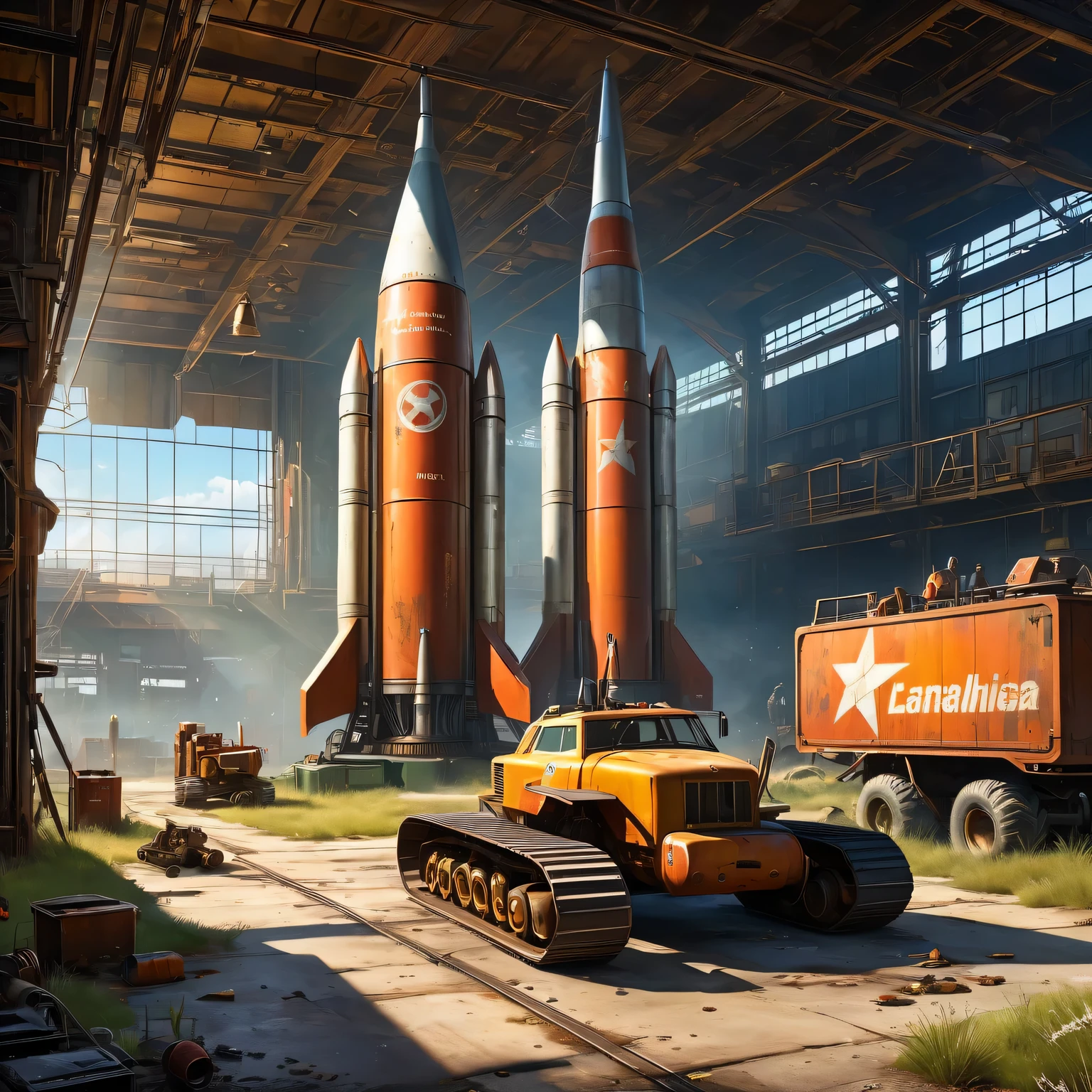 (a detailed scene, highres, HDR, vibrant colors), a rocket maintenance yard from "Fallout 4", with (mechanics working on engines:1.2), (gritty and worn-out machinery:1.1), (smoke billowing from exhaust pipes), (crane lifting a rocket engine), (toolboxes and spare parts scattered around), (worn-out posters of space exploration:1.1), (scorch marks on the ground), (sunlight piercing through the clouds), (abandoned nuclear missile silos in the background:0.9), (dusty atmosphere with particles floating in the air), (heavy machinery tracks on the ground), (an open toolbox with wrenches and screwdrivers), (a supervisor overseeing the repairs), (a rusty sign displaying "Rocket Maintenance Yard"), (overgrown grass and weeds in cracks on the pavement), (an old launchpad with fading paint), (mechanical noises and clanging tools), (a sense of post-apocalyptic setting), (a sense of excitement and anticipation).