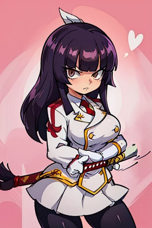  1girl, solo, Kagura_Mikazuchi, skirt, large breasts, gloves, jacket, jacket, pantyhose, pleated skirt, white gloves, miniskirt, blunt bangs, uniform, black pantyhose, military, military uniform, buttons, frown, white jacket, white skirt, serious, hime cut, double-breasted. Holding traditional samurai katana sword. Her gaze is both alluring and fierce, as she holds the sword with a delicate yet deadly grip.