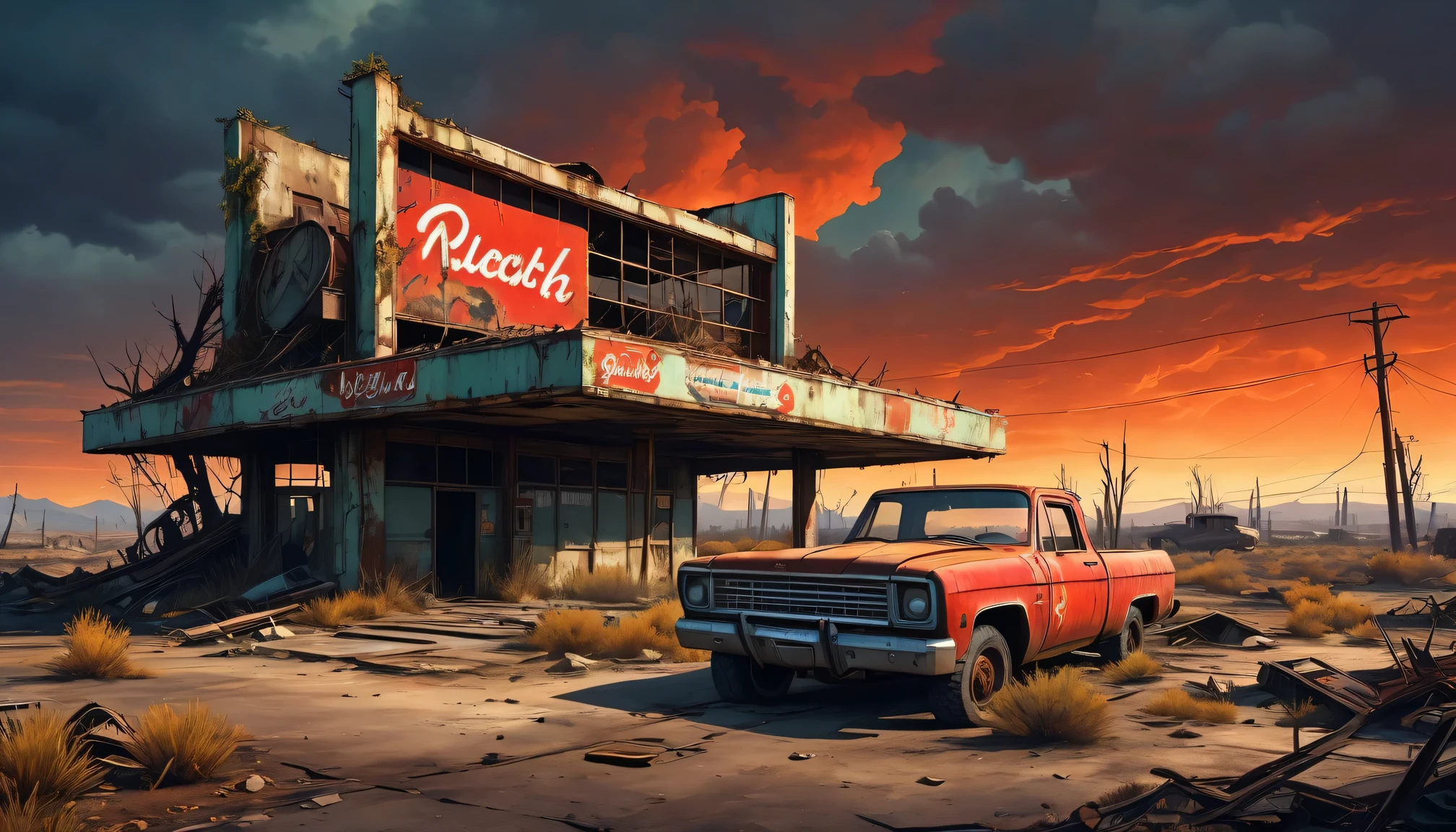 (a abandoned,post-apocalyptic,fallout 4:1.1) red rocket truck stop,barren wasteland,cracked concrete buildings,aged and weathered,overgrown with weeds and vines,dusty,dilapidated vehicles,dark and gloomy atmosphere,distant radioactive glow,desolate and haunting,isolated,ruins of civilization,decaying metal,scorch marks,barrels of radioactive waste,apocalyptic art style,ominous shadows,vivid colors of destruction,flickering neon lights,graffiti on the walls,red rocket sign,retro-futuristic,deserted gas station,loneliness and despair,foreboding sense of danger,fallout atmosphere,post-nuclear visual effects,ominous clouds and smoke,desolation and hopelessness,forgotten and abandoned,no signs of life,silence and emptiness,crumbling architecture,unpredictable and dangerous wasteland,ruined landscape,nature reclaiming the land,mutated creatures lurking,scavenging for supplies,potential for hidden treasures,contrast of beauty and destruction,survival against all odds,constant threat of radiation,alpha version of the wasteland,ruined cityscape in the distance,barren trees and dead vegetation,exploring the unknown,fight for survival in a harsh world,no escape from the wasteland's grip.