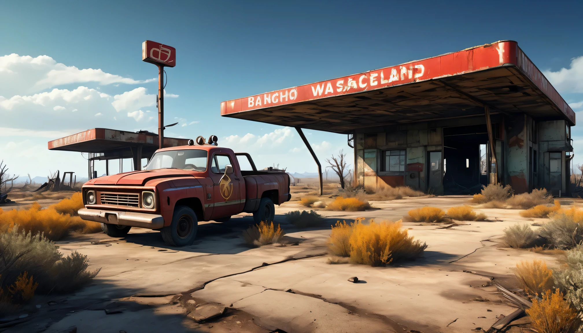 (a abandoned,post-apocalyptic,fallout 4:1.1) red rocket truck stop,barren wasteland,cracked concrete buildings,aged and weathered,overgrown with weeds and vines,dusty,dilapidated vehicles,dark and gloomy atmosphere,distant radioactive glow,desolate and haunting,isolated,ruins of civilization,decaying metal,scorch marks,barrels of radioactive waste,apocalyptic art style,ominous shadows,vivid colors of destruction,flickering neon lights,graffiti on the walls,red rocket sign,retro-futuristic,deserted gas station,loneliness and despair,foreboding sense of danger,fallout atmosphere,post-nuclear visual effects,ominous clouds and smoke,desolation and hopelessness,forgotten and abandoned,no signs of life,silence and emptiness,crumbling architecture,unpredictable and dangerous wasteland,ruined landscape,nature reclaiming the land,mutated creatures lurking,scavenging for supplies,potential for hidden treasures,contrast of beauty and destruction,survival against all odds,constant threat of radiation,alpha version of the wasteland,ruined cityscape in the distance,barren trees and dead vegetation,exploring the unknown,fight for survival in a harsh world,no escape from the wasteland's grip.