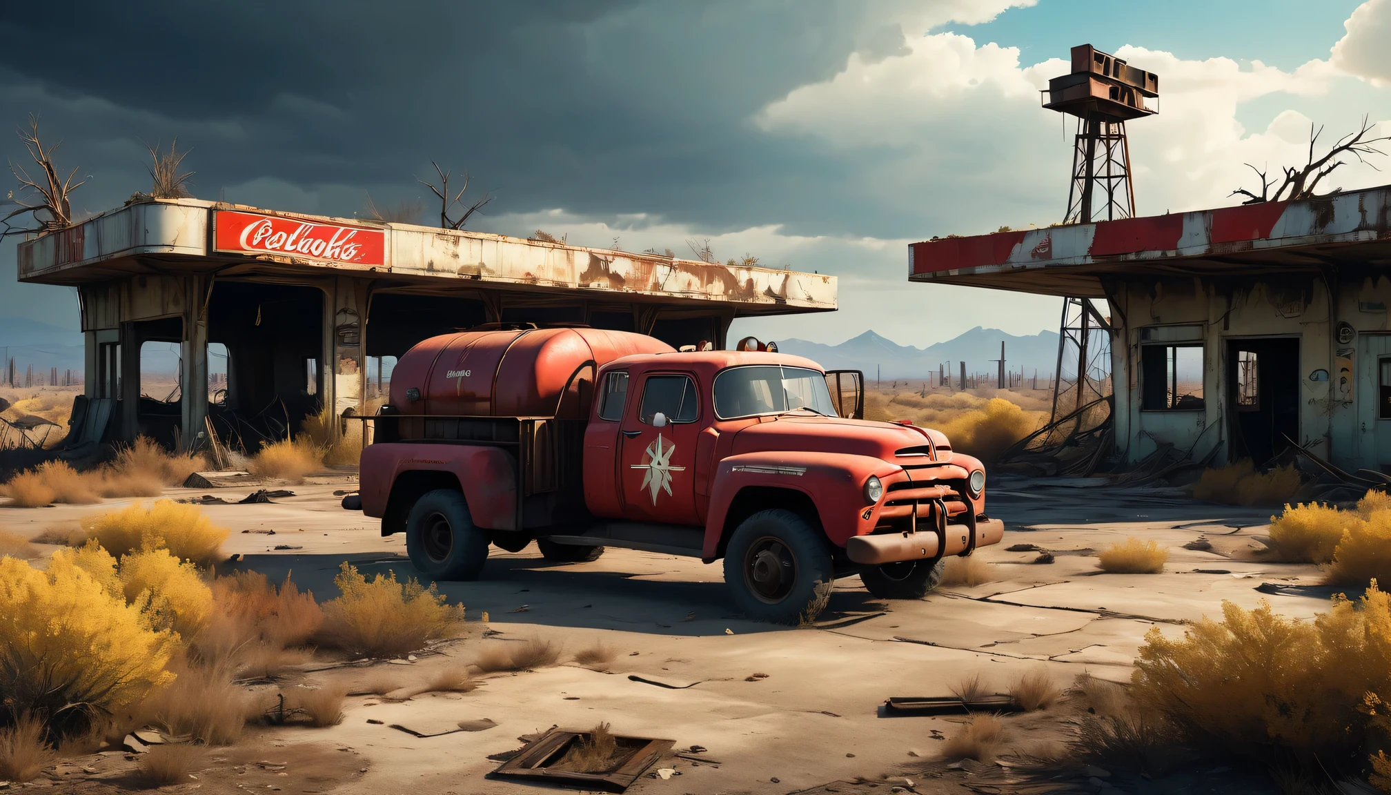 (a abandoned,post-apocalyptic,fallout 4:1.1) red rocket truck stop,barren wasteland,cracked concrete buildings,aged and weathered,overgrown with weeds and vines,dusty,dilapidated vehicles,dark and gloomy atmosphere,distant radioactive glow,desolate and haunting,isolated,ruins of civilization,decaying metal,scorch marks,barrels of radioactive waste,apocalyptic art style,ominous shadows,vivid colors of destruction,flickering neon lights,graffiti on the walls,red rocket sign,retro-futuristic,deserted gas station,loneliness and despair,foreboding sense of danger,fallout atmosphere,post-nuclear visual effects,ominous clouds and smoke,desolation and hopelessness,forgotten and abandoned,no signs of life,silence and emptiness,crumbling architecture,unpredictable and dangerous wasteland,ruined landscape,nature reclaiming the land,mutated creatures lurking,scavenging for supplies,potential for hidden treasures,contrast of beauty and destruction,survival against all odds,constant threat of radiation,alpha version of the wasteland,ruined cityscape in the distance,barren trees and dead vegetation,exploring the unknown,fight for survival in a harsh world,no escape from the wasteland's grip.