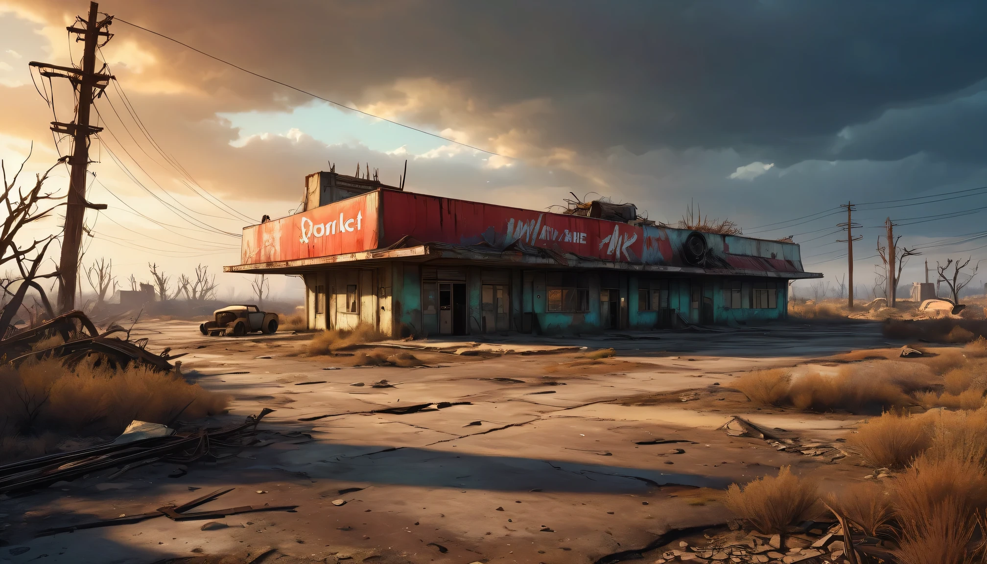 (a abandoned,post-apocalyptic,fallout 4:1.1) red rocket truck stop,barren wasteland,cracked concrete buildings,aged and weathered,overgrown with weeds and vines,dusty,dilapidated vehicles,dark and gloomy atmosphere,distant radioactive glow,desolate and haunting,isolated,ruins of civilization,decaying metal,scorch marks,barrels of radioactive waste,apocalyptic art style,ominous shadows,vivid colors of destruction,flickering neon lights,graffiti on the walls,red rocket sign,retro-futuristic,deserted gas station,loneliness and despair,foreboding sense of danger,fallout atmosphere,post-nuclear visual effects,ominous clouds and smoke,desolation and hopelessness,forgotten and abandoned,no signs of life,silence and emptiness,crumbling architecture,unpredictable and dangerous wasteland,ruined landscape,nature reclaiming the land,mutated creatures lurking,scavenging for supplies,potential for hidden treasures,contrast of beauty and destruction,survival against all odds,constant threat of radiation,alpha version of the wasteland,ruined cityscape in the distance,barren trees and dead vegetation,exploring the unknown,fight for survival in a harsh world,no escape from the wasteland's grip.