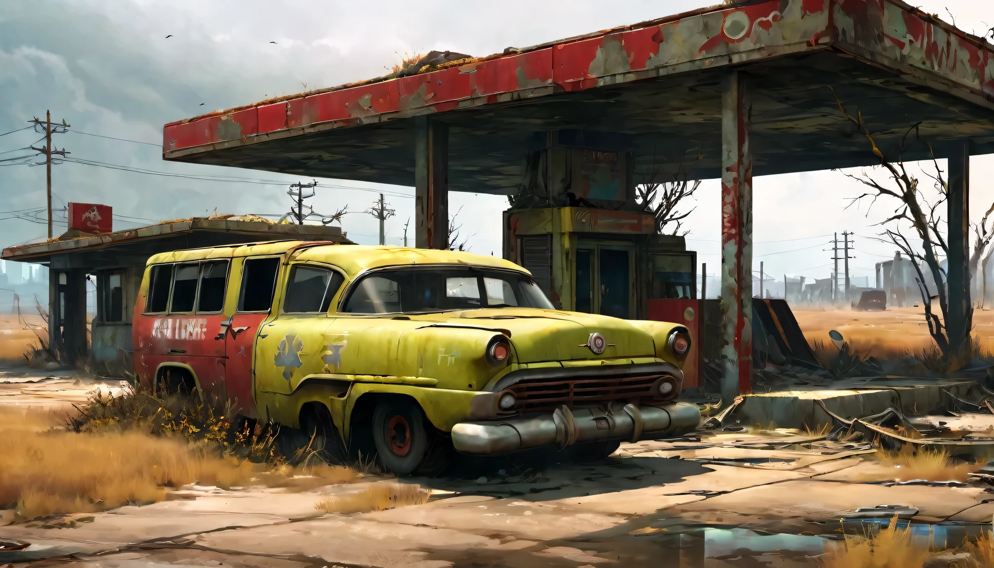 (a abandoned,post-apocalyptic,fallout 4:1.1) red rocket truck stop,barren wasteland,cracked concrete buildings,aged and weathered,overgrown with weeds and vines,dusty,dilapidated vehicles,dark and gloomy atmosphere,distant radioactive glow,desolate and haunting,isolated,ruins of civilization,decaying metal,scorch marks,barrels of radioactive waste,apocalyptic art style,ominous shadows,vivid colors of destruction,flickering neon lights,graffiti on the walls,red rocket sign,retro-futuristic,deserted gas station,loneliness and despair,foreboding sense of danger,fallout atmosphere,post-nuclear visual effects,ominous clouds and smoke,desolation and hopelessness,forgotten and abandoned,no signs of life,silence and emptiness,crumbling architecture,unpredictable and dangerous wasteland,ruined landscape,nature reclaiming the land,mutated creatures lurking,scavenging for supplies,potential for hidden treasures,contrast of beauty and destruction,survival against all odds,constant threat of radiation,alpha version of the wasteland,ruined cityscape in the distance,barren trees and dead vegetation,exploring the unknown,fight for survival in a harsh world,no escape from the wasteland's grip.