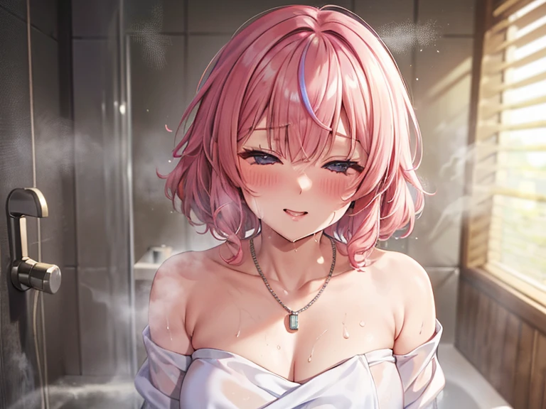 ultra-detailed、(8k, RAW photo, best quality, masterpiece:1.2), (extremely detailed 8k wallpaper),professional lighting,sharp focus, depth of field、nfws,((((head shot)))),((One beautiful bride)),(((Pink fluffy short bob、rainbow colored curl hair、Wet hair、Curly hair)))、(((clavicle、shoulder、Bath towel wrapped around chest、Nipples are not drawn))),(((necklace))),((((One hand in the ear))))、(((blowjob))),((A lot of milk on the face and in the hair)).(((Ring on the ring finger of the left hand))),((((Very sweaty、Wet body)))),((((smile、blush,Embarrassed)))),((((Lots of steam around the face)))),((glass shower room)),(((morning))),(((Correct number of upper limbs、Correct number of fingers)))