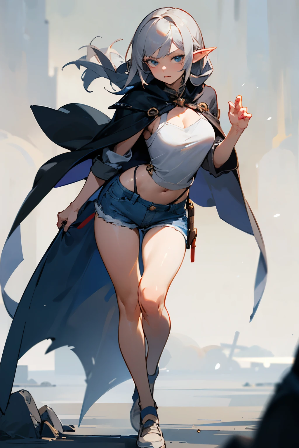 straight angle young beautiful with a serious expression on her face not a tall elf vampire with long ashen hair light open dark top denim shorts rag shoes without fasteners beautiful slightly open breasts of the second size without a cloak full height in excellent quality