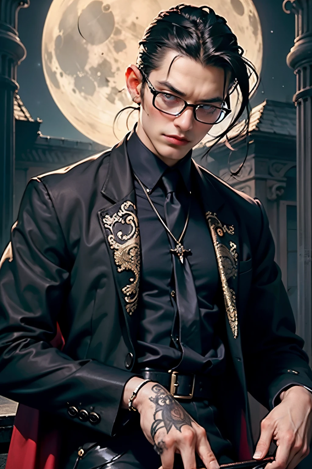 best quality, high resolution, vampire, Wear glasses, man, half body, Long black hair tied up, darkness, handsome, blood, moon, castle, Vampire