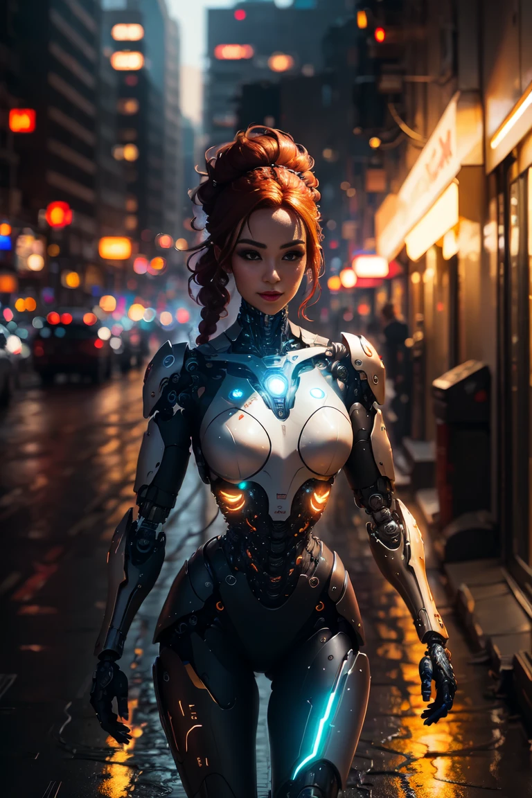 red hair, longeyelashes, amber eyes, light smile, parted lips, cinematic lighting, reflection light, bokeh, Canon, UHD, high quality, high details, textured skin, anatomically correct, (hyper detailed, hyper realistic, Soft lighting, spicy:1.2), beautiful figure, Magnificent Anatomy, (complex part, Hyper detailed:1.15), masterpiece, highres, best quality, award winning, 4K, 8k, female cyborg walking in the street, french braid