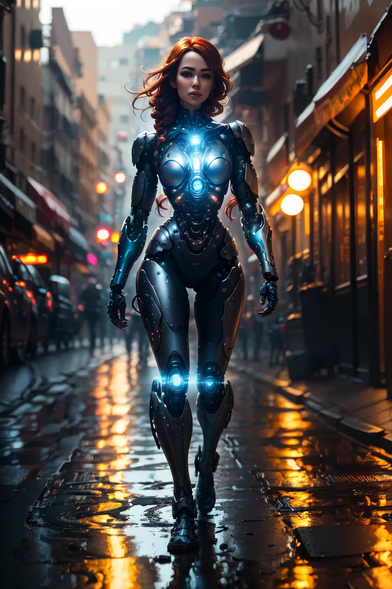 red hair, longeyelashes, amber eyes, light smile, parted lips, cinematic lighting, reflection light, bokeh, Canon, UHD, high quality, high details, textured skin, anatomically correct, (hyper detailed, hyper realistic, Soft lighting, spicy:1.2), beautiful figure, Magnificent ???????, (complex part, Hyper detailed:1.15), masterpiece, highres, best quality, award winning, 4K, 8k, female cyborg walking in the street, french braid