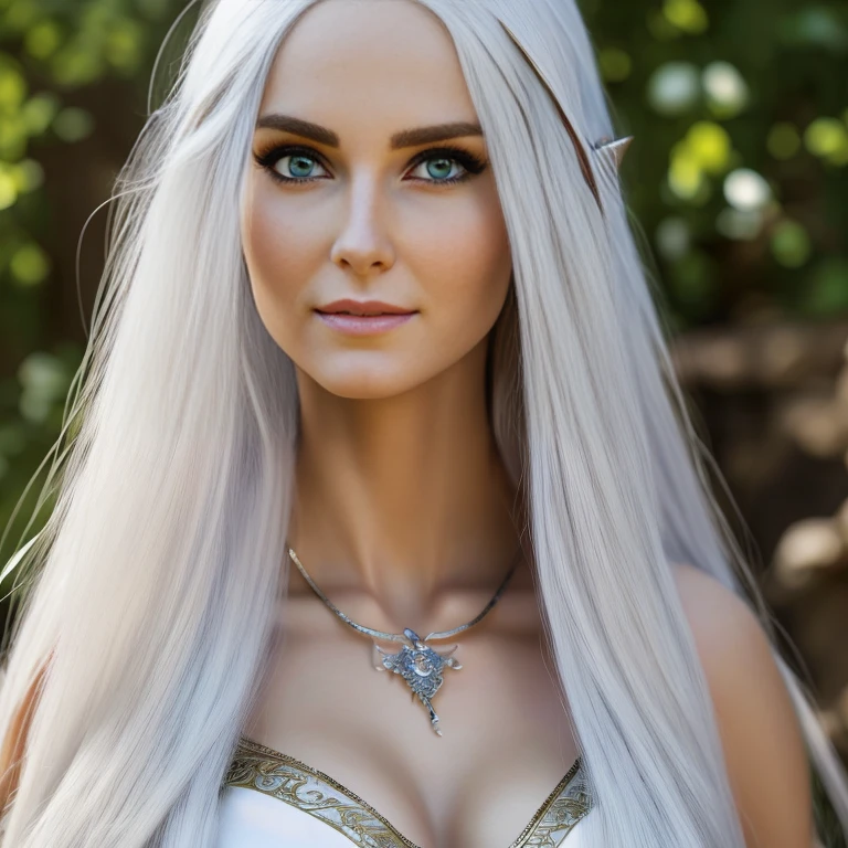 1 female elf with, pretty face, 30 years old, Ultra detailed face and eyes, hyperrealistic, realistic representation, wearing a long elf dress, dancing through an elf village, full body, She has long white hair