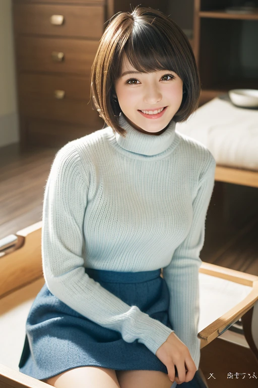 (highest quality, masterpiece, Photorealistic, Super detailed, Ultra-high resolution, born:1.3), (One girl, cute, Japanese), (smile),(Short Hair,Bobcut), (Turtleneck sweater,blue), (Chest on the tray, Round tray, Sliver Tray), mini skirt, Cafe, bangs,