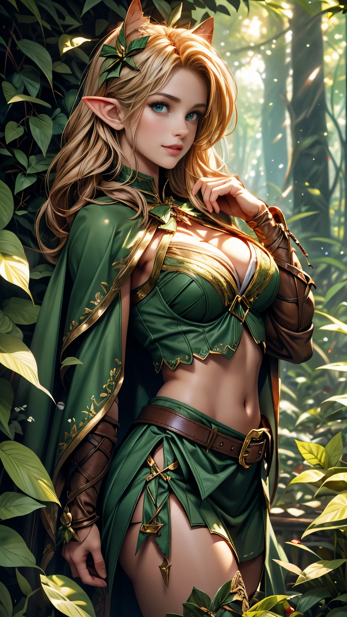 (Raw photo:1.2), (Photorealistic), Beautiful detailed girl, Very detailed eyes and face, Beautiful detailed eyes, Huge file size, High resolution, Very detailed, Best Quality, [masterpiece:1.6], Illustration, Very detailed, Fine detail, Best Quality, 32K Wallpaper, in fairy forest, mystical old trees, intricate details, beautiful young ranger elf girl, short height, medium breast, gentle smile, low cut leather tanga and bra, green cape, holding bow, full body photo, back view