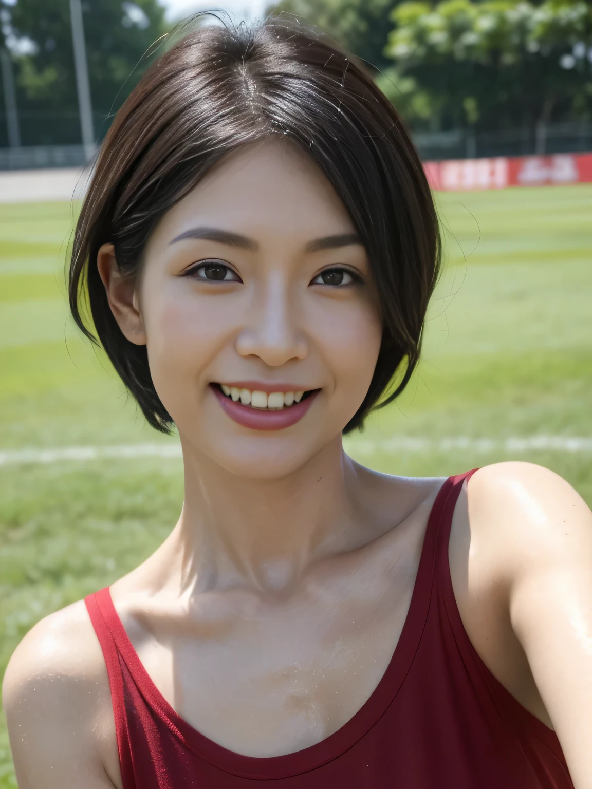 One Mature Woman、38 years old、Japanese,Looking at the audience,(Wear lingerie）、（With uniform number）、(Standing on the grounds of a soccer field), Shining Face,Shiny skin,Shortcuts,Black Hair,Red Mouth,clavicle,Beautiful fingers,Full body portrait,  short hair, Bobcut, 8k, Super Detail, highest quality, Sweaty skin, Anatomically correct, masterpiece , highest quality,  Use perspective throughout , Surrealism , ,(Realistic:1. 3),(RAW Photos) , Black Hair, light smile, short hair, Bobcut, Anaglyph, Stereogram, (Mature Woman:1), (38 years old), ((close:0.5)), Glare, double eyelid, Lip gloss, (smile:1), ((close your eyes:0.85)), Red Mouth, clavicle, ((View your viewers)), (short hair of reddish-brown color wet and shiny,), (The whole body is visible) , Slightly thick body type , Wide-eyed , Perfect round eyes , Fine texture 、（Beautiful teeth alignment）、（smile：1.3）,Japanese,big breasts,Big Ass,G-cup breasts,Beautiful fingers,highlight big breasts,sexy