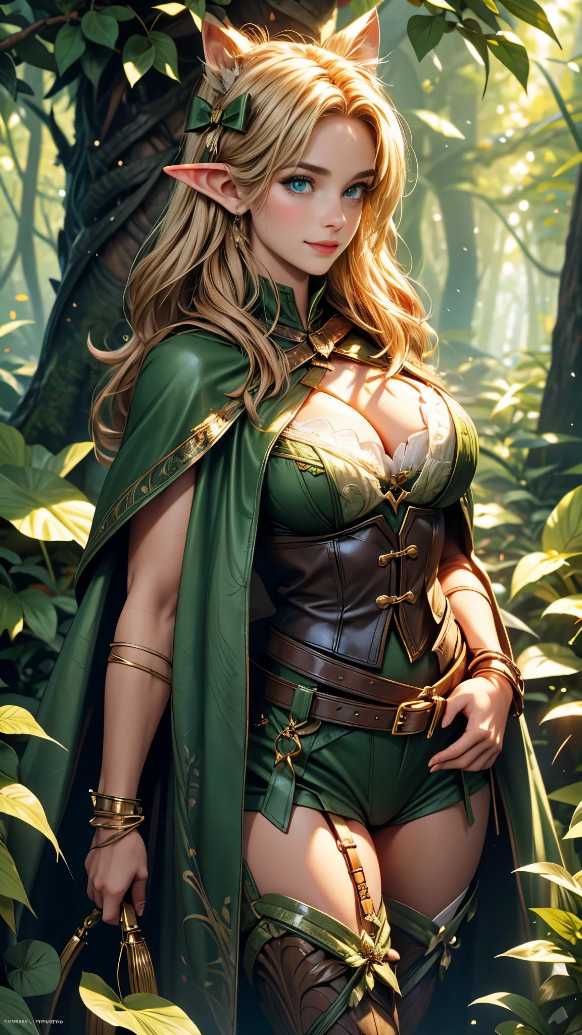 (Raw photo:1.2), (Photorealistic), Beautiful detailed girl, Very detailed eyes and face, Beautiful detailed eyes, Huge file size, High resolution, Very detailed, Best Quality, [masterpiece:1.6], Illustration, Very detailed, Fine detail, Best Quality, 32K Wallpaper, in fairy forest, mystical old trees, intricate details, beautiful young ranger elf girl, short height, medium breast, gentle smile, low cut leather tanga and bra, green cape, holding bow, full body photo, back view