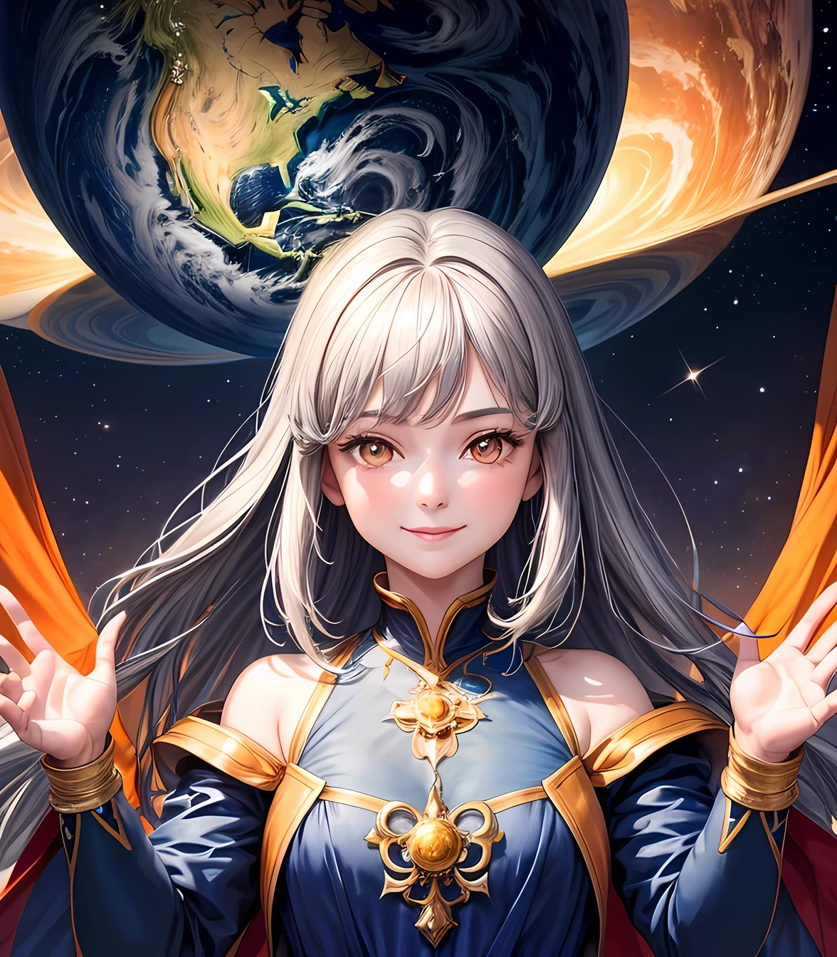 masterpiece, best quality, high detail, 1 girl, gray hair, orange eyes, backdrop of planet earth, portrait, arms raised, smile, blue dress, realistic, earth day