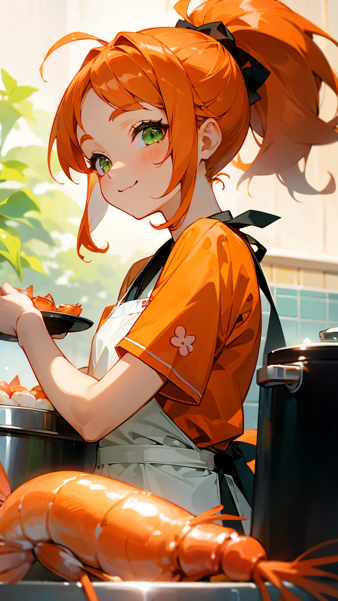 ****************、Cute shrimp girl、Cook delicious food in the kitchen、Orange Hair、ponytail、beautiful green eyes、From the side、apron、Beautiful smile、Upper body close-up、Delicate contours、Background blur, The depth of the drawn boundaries