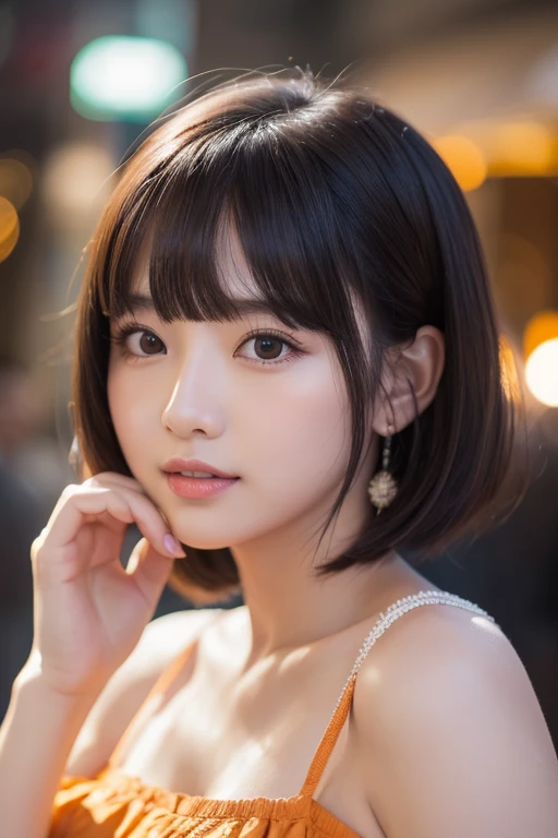 (Best image quality)、Ultra-Realistic Capture、19-year-old Japanese woman、Highly detailed eye resolution、cute、bob hair、With bangs、Sleeveless dress、Glittering night view、Natural light、Translucent white skin、Orange Makeup、The side of my hair is hanging over my cheek