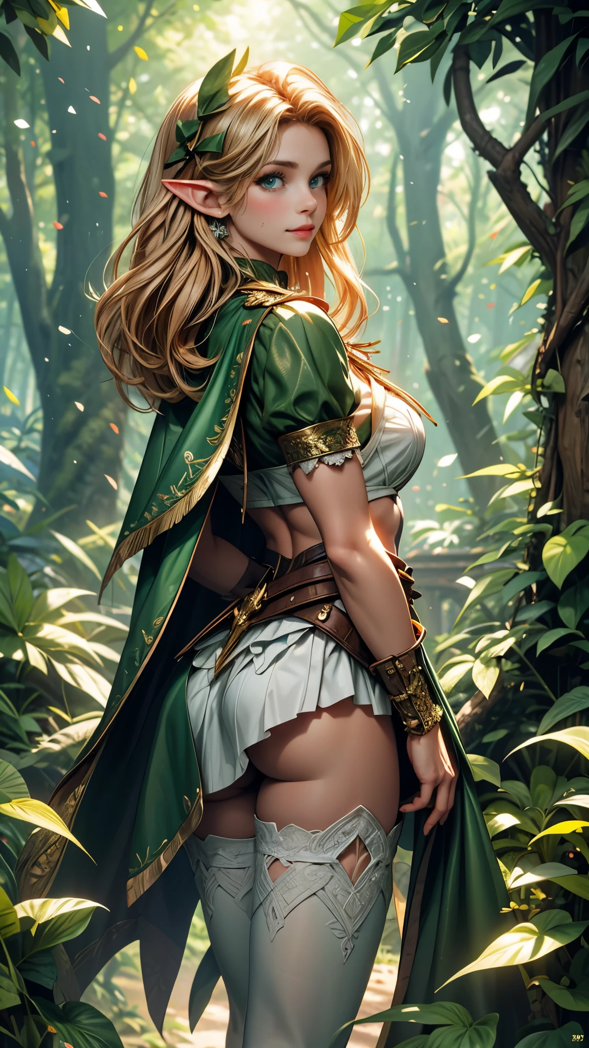 (Raw photo:1.2), (Photorealistic), Beautiful detailed girl, Very detailed eyes and face, Beautiful detailed eyes, Huge file size, High resolution, Very detailed, Best Quality, [masterpiece:1.6], Illustration, Very detailed, Fine detail, Best Quality, 32K Wallpaper, in fairy forest, mystical old trees, intricate details, beautiful young ranger elf girl, short height, medium breast, gentle smile, low cut leather tanga and bra, green cape, holding bow, full body photo, back view