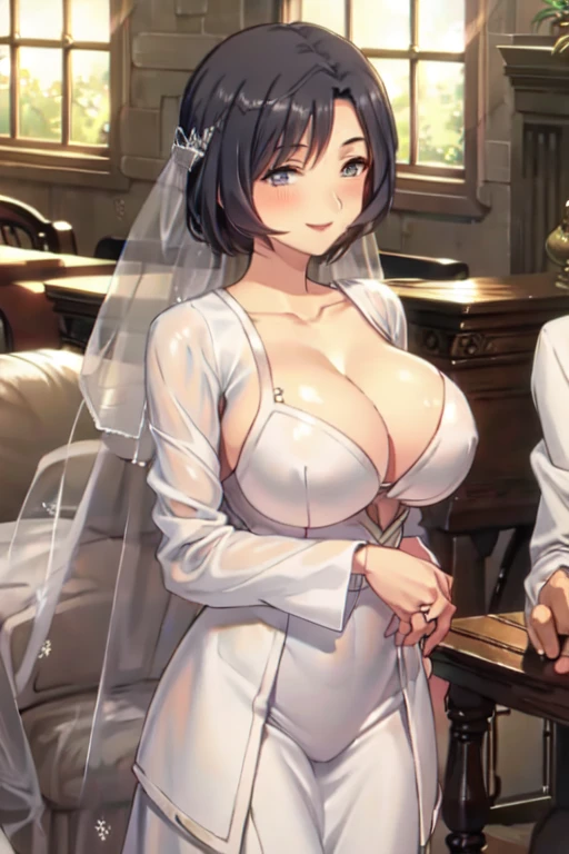 Wedding dress, large breasts, smiling, modest dress