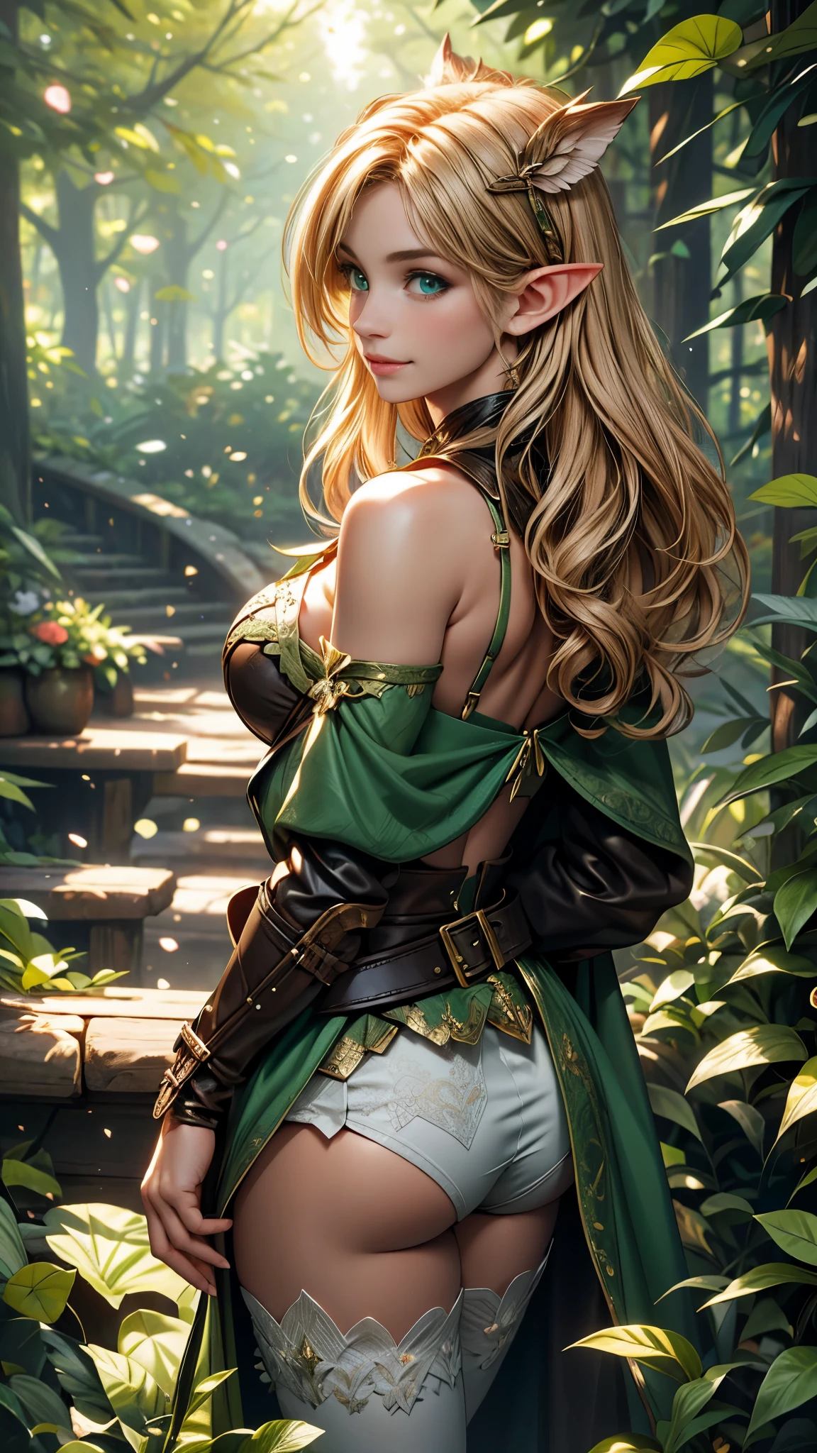 (Raw photo:1.2), (Photorealistic), Beautiful detailed girl, Very detailed eyes and face, Beautiful detailed eyes, Huge file size, High resolution, Very detailed, Best Quality, [masterpiece:1.6], Illustration, Very detailed, Fine detail, Best Quality, 32K Wallpaper, in fairy forest, mystical old trees, intricate details, beautiful young ranger elf girl, short height, medium breast, gentle smile, low cut leather tanga and bra, green cape, full body photo, back view