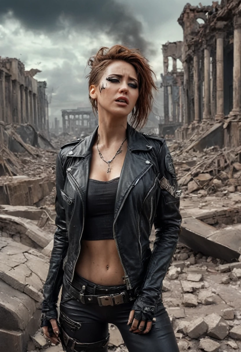 post apocalyptic city, Desolate atmosphere, Dystopian landscape, Postmodern wasteland punk style singer, A beautiful woman weeps in the ruins, (masterpiece, best quality, Professional, perfect composition, very aesthetic, absurdres, ultra-detailed, intricate details:1.3)