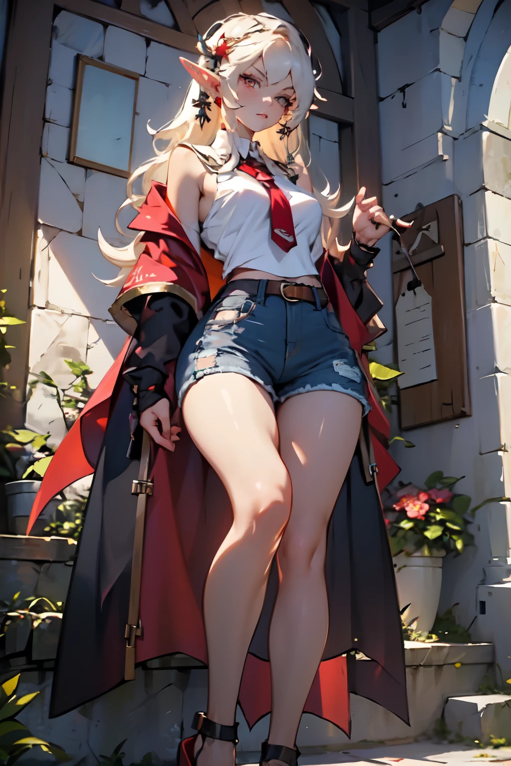straight angle young beautiful with a serious expression on her face not a tall elf vampire with long ashen hair light open dark top denim shorts rag shoes without fasteners beautiful slightly open breasts of the second size without a cloak full height in excellent quality