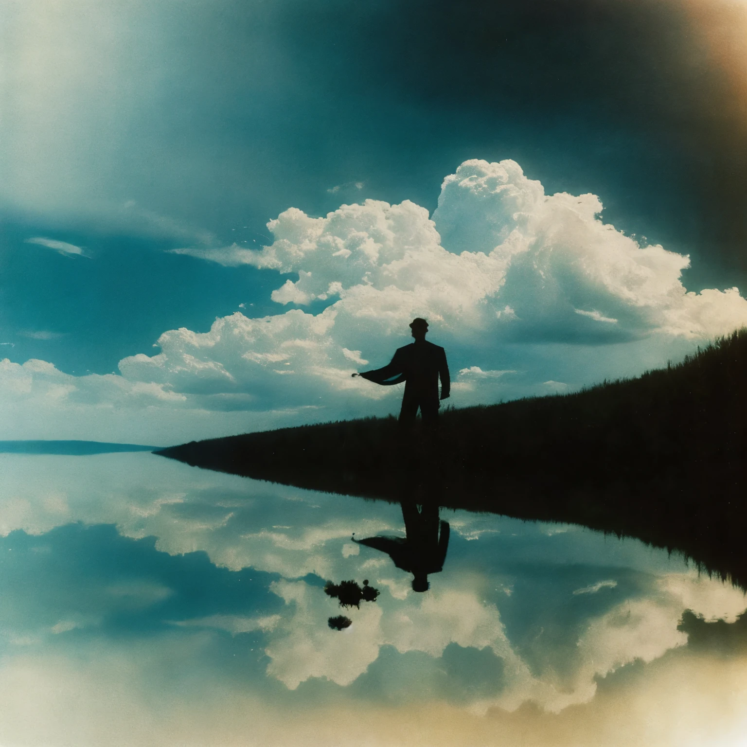 Arafed image of a full-length man floating in the sky,frayed edge. light leak, Blurry, Blurry image, Reflection of a camera in oil paint, The face is obscured., small pellets, low quality, detailed unblurred face, pinhole photo : dream, Analog photography experiments, Slow - Shutter, dark atmosphere album cover
