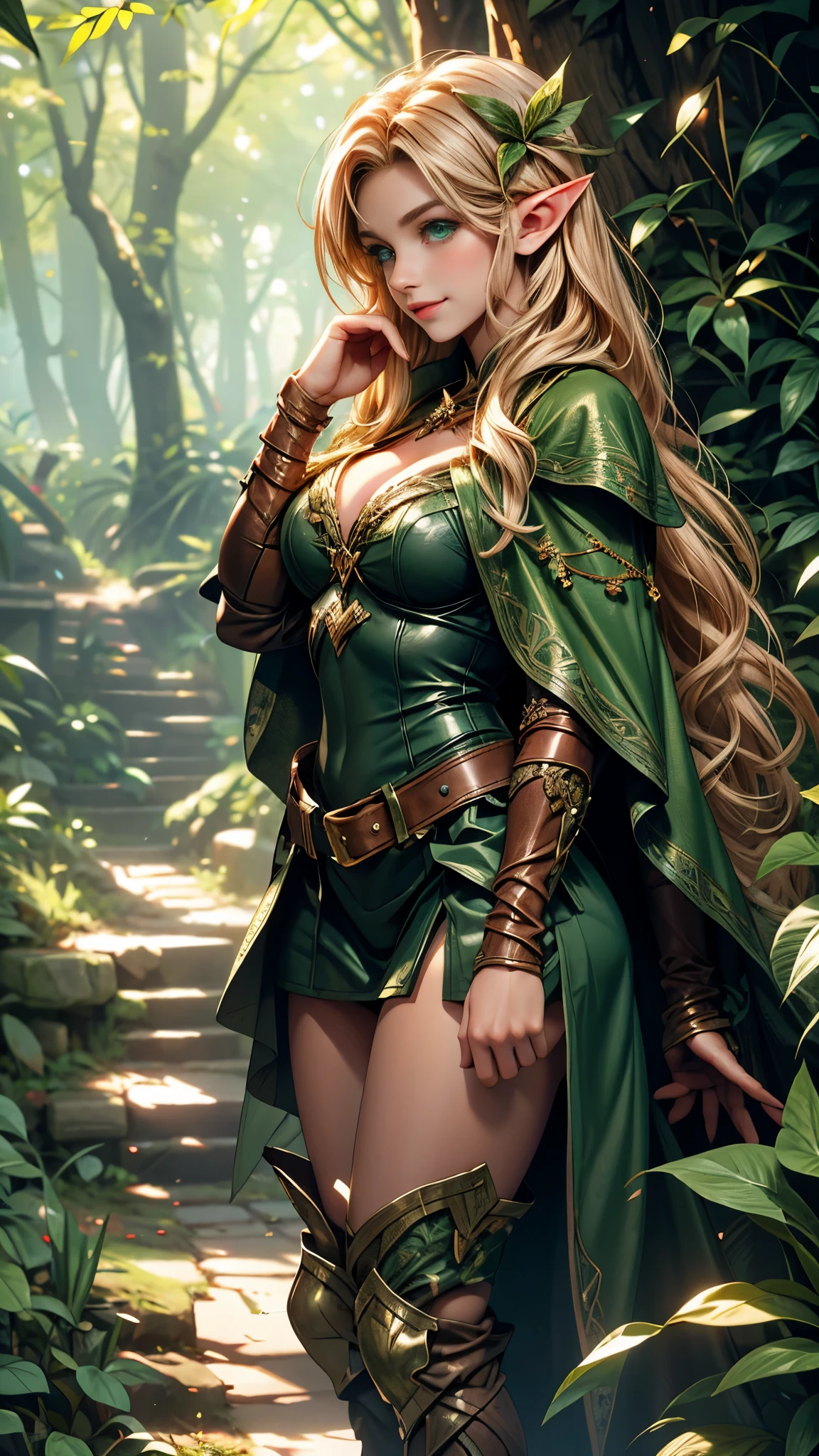 (Raw photo:1.2), (Photorealistic), Beautiful detailed girl, Very detailed eyes and face, Beautiful detailed eyes, Huge file size, High resolution, Very detailed, Best Quality, [masterpiece:1.6], Illustration, Very detailed, Fine detail, Best Quality, 32K Wallpaper, in fairy forest, mystical old trees, intricate details, beautiful young ranger elf girl, short height, medium breast, gentle smile, low cut leather tanga and bra, green cape, holding bow, full body photo, back view