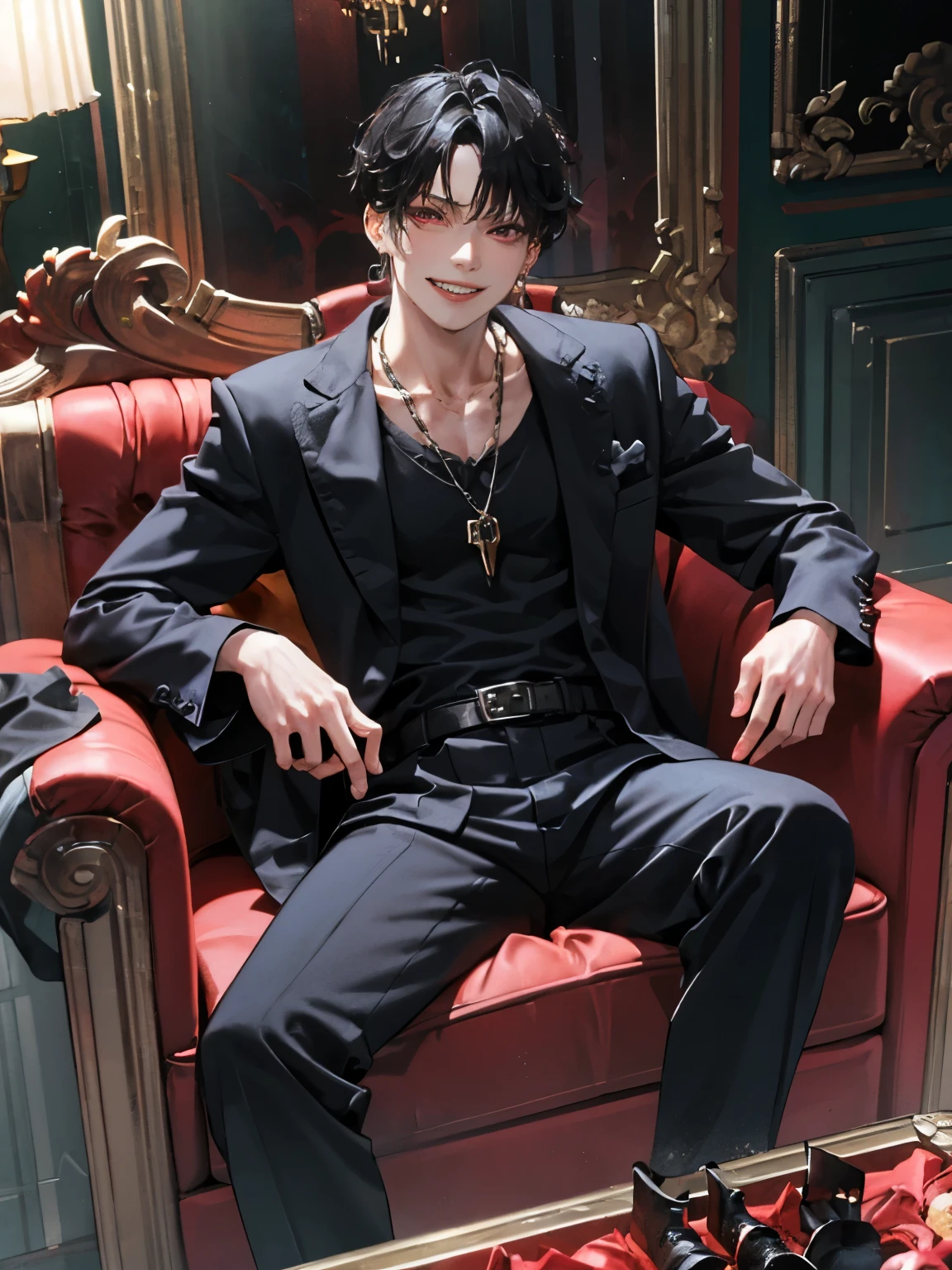 (full-body view), (tmasterpiece, high resolution, ultra - detailed:1.0), (1boy, Young male), perfect male body, (sexy male vampire:1.3), eyes look at the camera, delicate eyes and delicate face, extremely detailed CG, Unity 8k wallpaper, complicated details, solo person, detailed face, (red eyes, stylish and sexy menswear, metal necklace, sit on the sofa in a dark luxury room, modern costumes, (evil smile, grin), male model, (gothic theme:1.3), color difference, depth of field, dramatic shadow, ray tracing, best quality, offcial art, portrait,, (Jungkook)