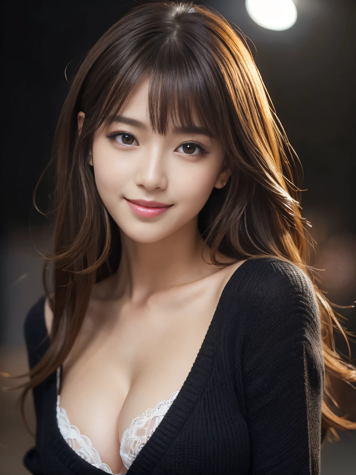 masterpiece, best quality, ultra-detailed, intricately detailed hyperdetailed, realistic, sharp features, highly detailed, sharp focus, perfect face, perfect face, perfect symmetrically perfect eyes, perfect full lips, flexible female form, cinematic, film light, hyper detailed, hyper realistic, high resolution, vibrant, dynamic studio lighting, ((Dark background)), (discret smile), (seductive smile), light brown hair, asymmetrical hair, asymmetrical bangs, messy hair, Exposed cleavage, brown Eyes, black sweater, cowboy shot,