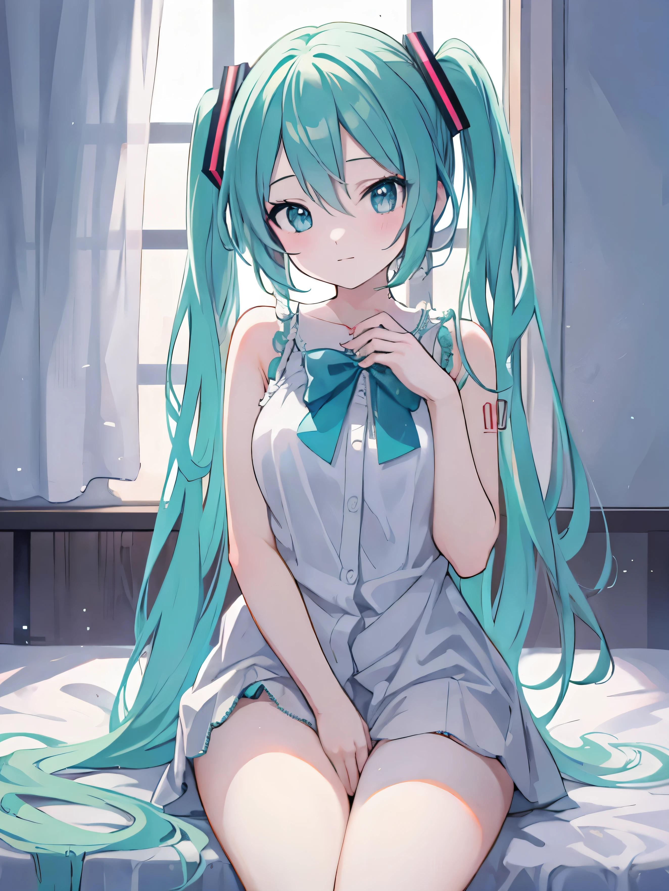 Hatsune miku sitting on a bed, thick thighs, smooth skin, warm lighting