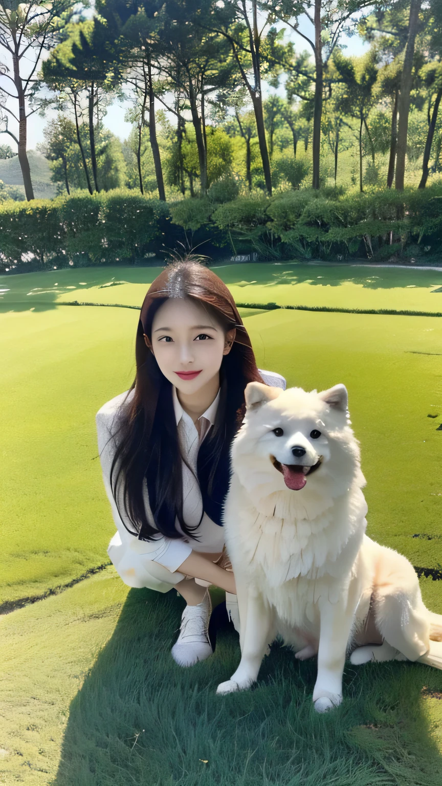 Chinese girl wearing a White sweatshirt,With the dog,White,Cute and clear,Samoyed, On the green lawn