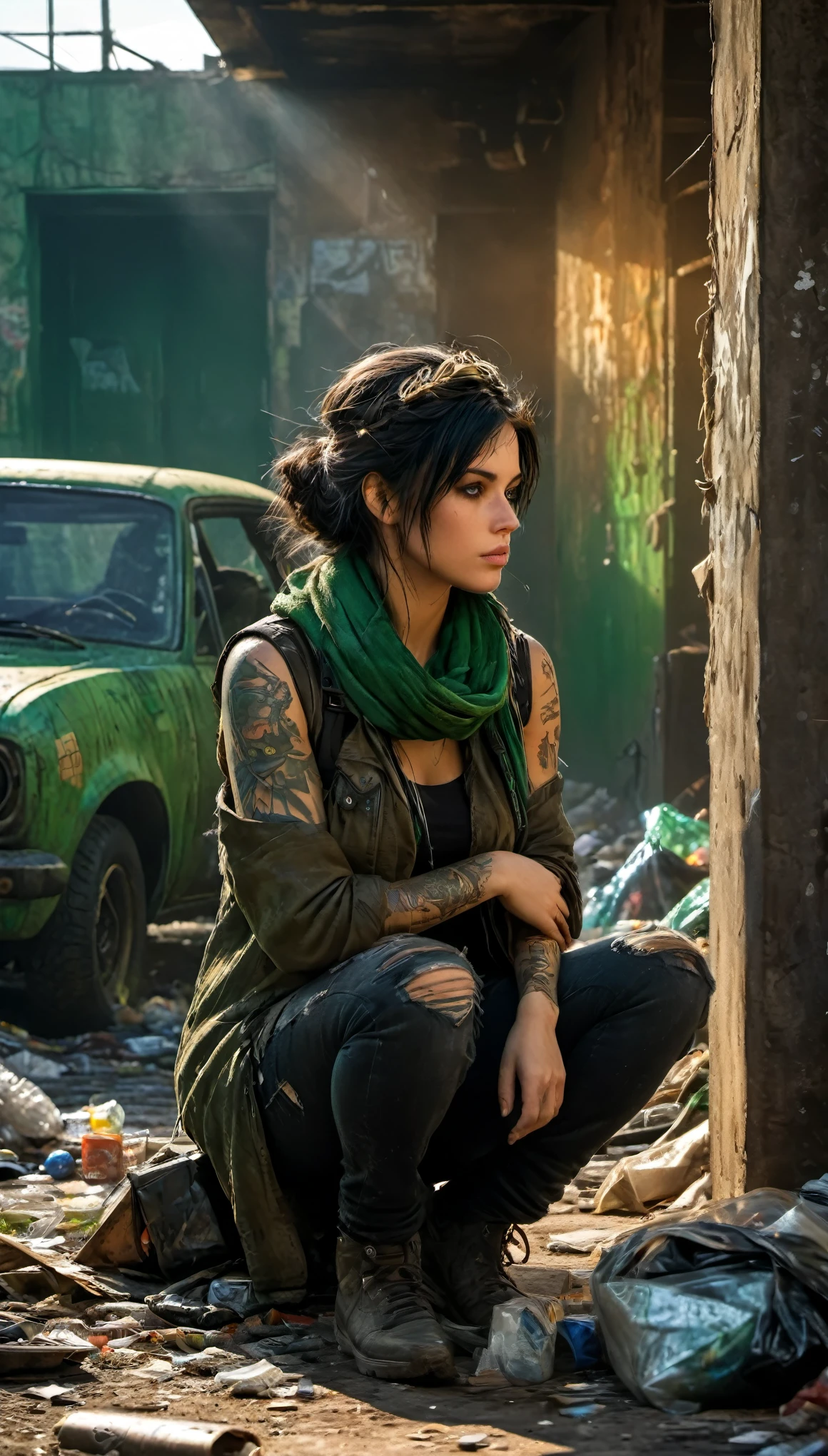 A photorealistic picture, best quality, realistic, full body portrait, real picture, enhanced details, depth of field, post-apocalyptic wasteland, destroyed city, ruins, trash, wrecked cars, graffiti, woman, well-built, black hair, green eyes, dressed in old worn and dirty clothes, scarf on her head and neck, tattoo on her arm and neck, lots of details, futuristic weapon. She is crouching in a corner, looking for water, food or other useful things among the trash. real face, real silhouette, Fujifilm XT3, outdoors, morning, nice lighting, dynamic, RAW, 8k, uhd, film grain,
