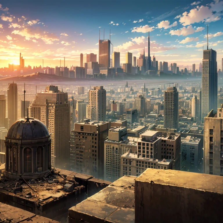 post apocalyptic city, Desolate atmosphere, Dystopian landscape, masterpiece, best quality