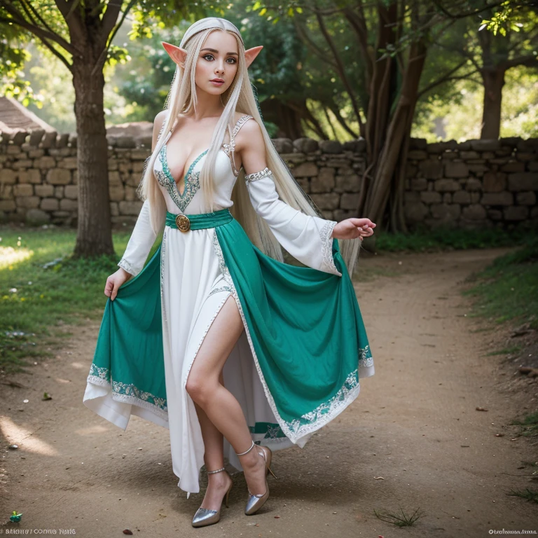1 female elf with, pretty face, 30 years old, Ultra detailed face and eyes, hyperrealistic, realistic representation, wearing a long elf dress, dancing through an elf village, full body, She has long white hair