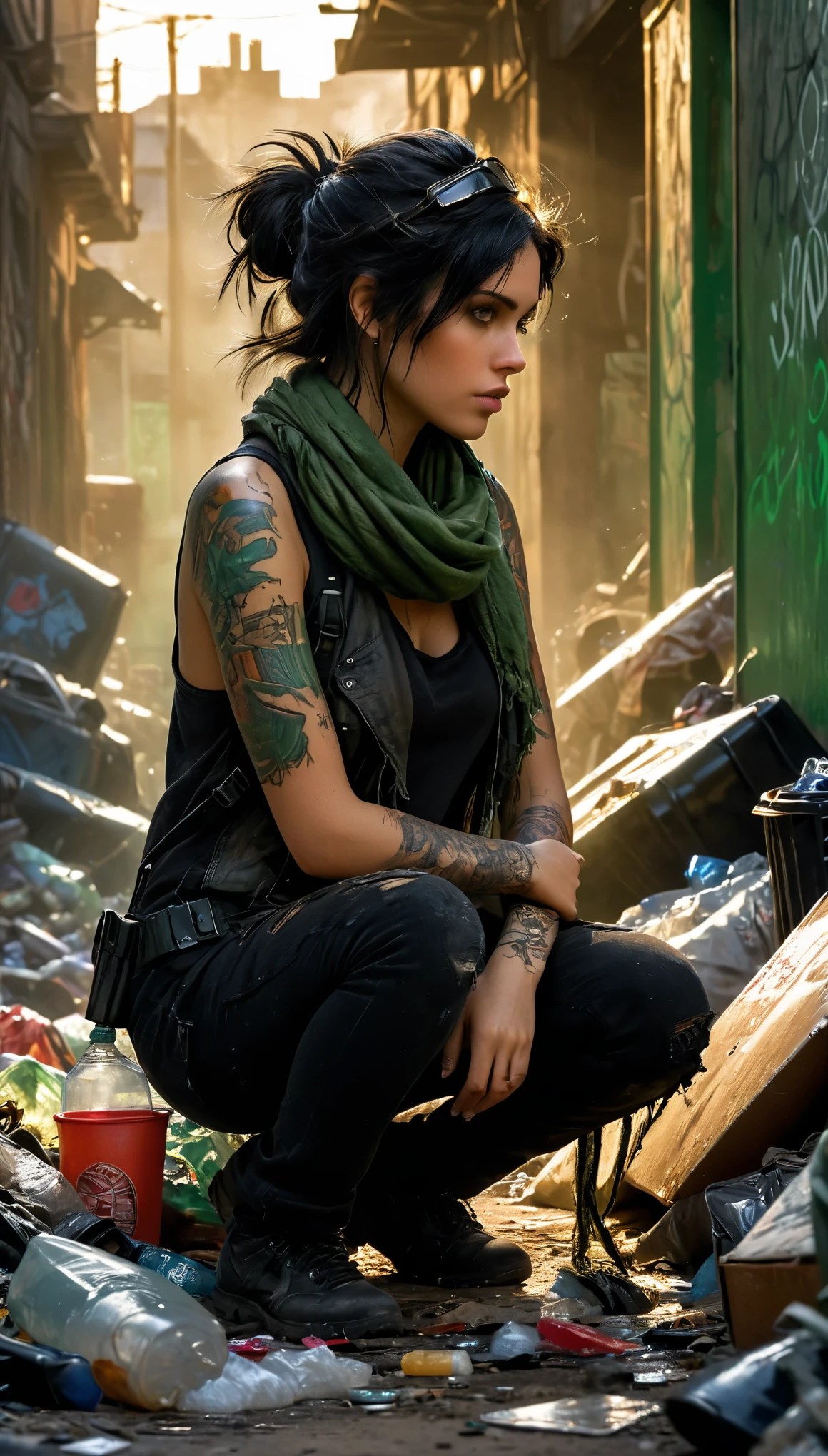 A photorealistic picture, best quality, realistic, full body portrait, real picture, enhanced details, depth of field, post-apocalyptic wasteland, destroyed city, ruins, trash, wrecked cars, graffiti, woman, well-built, black hair, green eyes, dressed in old worn and dirty clothes, scarf on her head and neck, tattoo on her arm and neck, lots of details, futuristic weapon. She is crouching in a corner, looking for water, food or other useful things among the trash. real face, real silhouette, Fujifilm XT3, outdoors, morning, nice lighting, dynamic, RAW, 8k, uhd, film grain, 