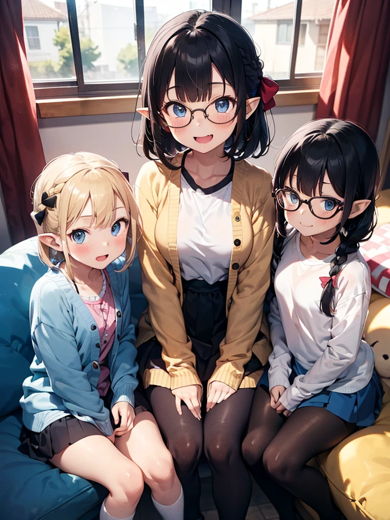 masterpiece, high resolution, ***********s, (***********s), 2girls, , blue skirt and red skirt, ((forehead and blunt bangs)), happy smile, blue eyes, beautiful detailed eyes, glossy blonde hair, short hair and long hair, ((glasses)), ((pointy ears)), blush, fang, black leggings, loafers, sitting on the cushion, change clothes, hair ribbon, cardigan, braid, many stuffed toys, pink curtain