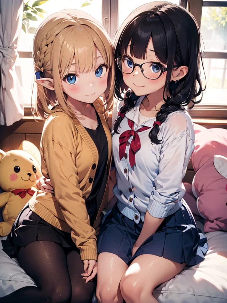 ultra-detailliert, Best Quality, High resolution, ((Two cute  girls with big faces and black hair.))、Pretty eyes、Detailed eye depiction、Eye sparkle、Sareme、Looking at Viewer, pale skin、(((Petite))), 　（White dress）、(flat chest), (big glasses), (blush:1.2), （big eye：1.5）, Shy smile, NSFW,　on the park, Focus on the face, Long hair,　((The upper part of the body))、sitting on、from above