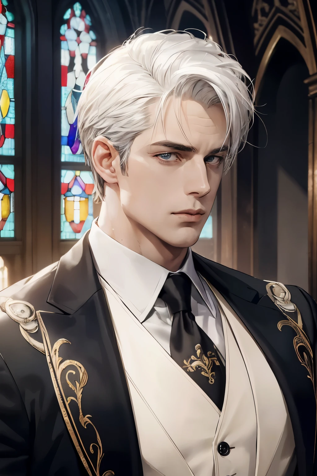 masterpiece, Best quality, Experience in the style of stained glass, upper body, Portrait of a handsome man with thick white hair, in a black suit with a deep slit, chest visible, (best light), Beautiful face, colorful, Photorealistic, high contrast, very detailed background, ultra detailed, super detailed skin, A slight glow, According to II, lens flare, sharpening, cinematic light