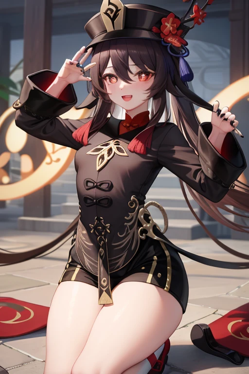masterpiece, best quality, HuTaoV4, 1girl, solo, looking at viewer, symbol-shaped pupils, flower shaped pupils, blush, smile, open mouth, long sleeves, hat, jewelry, flower, thighs, shorts, socks, nail polish, black headwear, chinese clothes, black shorts, ring, all fours, black nails, hat flower, desnuda, pervertida