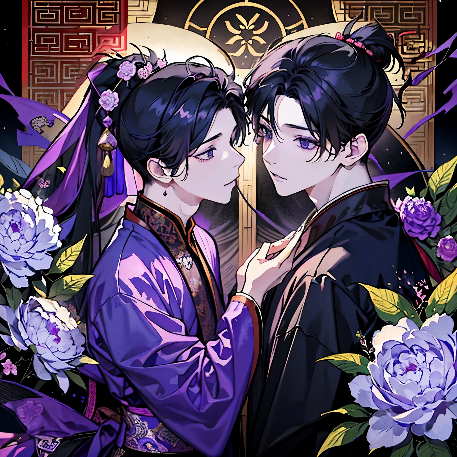 Purple and black robes,(Two boys around 16 years old:1.5),Ancient Chinese style war god clothing,(kiss),(ponytail:1.4),A solemn atmosphere reminiscent of a Kannon temple,(Chinese peony:1.35)