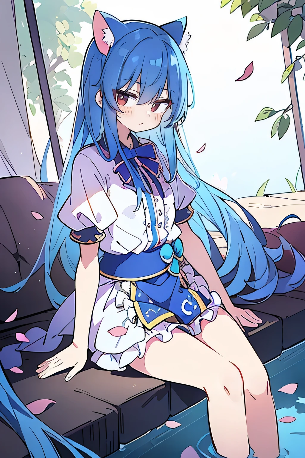 (masterpiece:1.2),ultra-detailed,realistic,expressive eyes,fair-skinned,perfectly shaped face,1girl,
Japanese cartoons,Gorgeous blue hair, flowing blue hair,floating clothes,cat ears,petals falling,beautiful Lola,Hina Angel,
hands on waist,gracefully sitting on the ground,legs crossed,gentle and serene background,cool and comfortable pavilion.