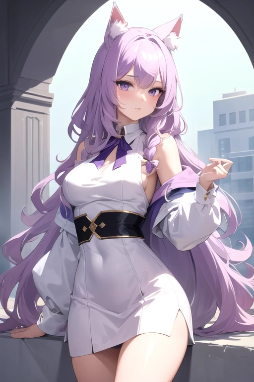 (masterpiece:1.2, best quality), 1lady, solo, day, stand, lilac hair, long wavy hair, lilac eyes, white modern aesthetic outfit, tanskin, cat ears