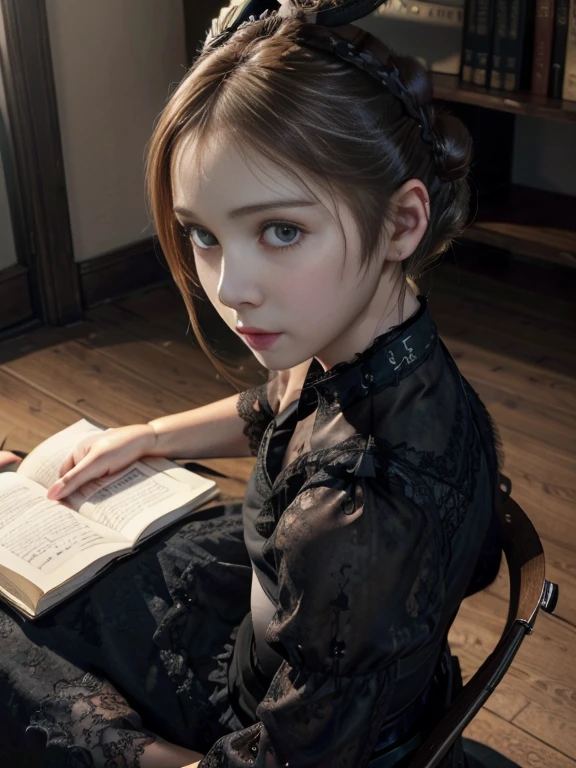 (Realistic、High resolution:1.3),alone, One Girl, masterpiece, highest quality, Very detailed, Cinema Lighting,whole body, Intricate details, High resolution, Official Art, Beautifully detailed face and eyes, High resolutionのイラスト, 8k,(((Hair Bun:1.5))),Ash Brown Hair:1.3, Very thin body, ((Long skirt、Black lace blouse :1.3)) 、Single Blade, blue eyes, Glasses, Conceit, Sit on a chair, whole body, Big Breasts, White shirt, Book_stack, library, ((vine)), Looking at the audience,short boots,floor