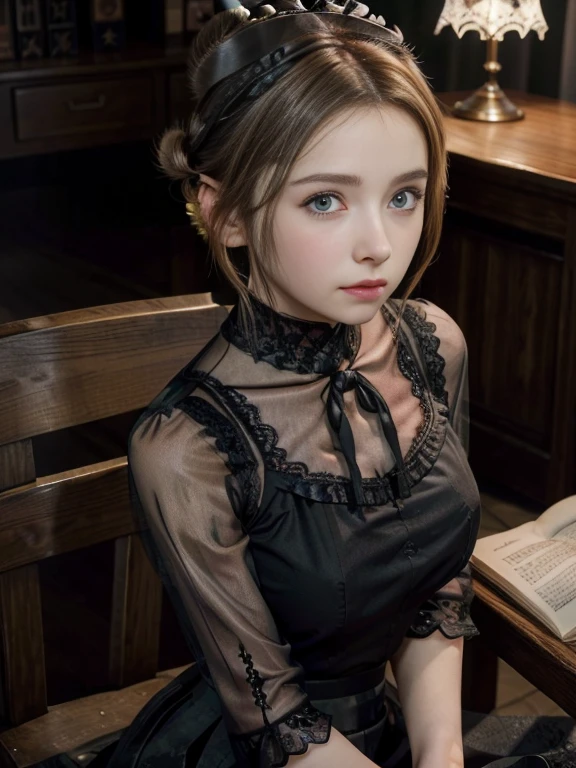 (Realistic、High resolution:1.3),alone, One Girl, masterpiece, highest quality, Very detailed, Cinema Lighting,whole body, Intricate details, High resolution, Official Art, Beautifully detailed face and eyes, High resolutionのイラスト, 8k,(((Hair Bun:1.5))),Ash Brown Hair:1.3, Very thin body, ((Long skirt、Black lace blouse :1.3)) 、Single Blade, blue eyes, Glasses, Conceit, Sit on a chair, whole body, Big Breasts, White shirt, Book_stack, library, ((vine)), Looking at the audience,short boots,floor