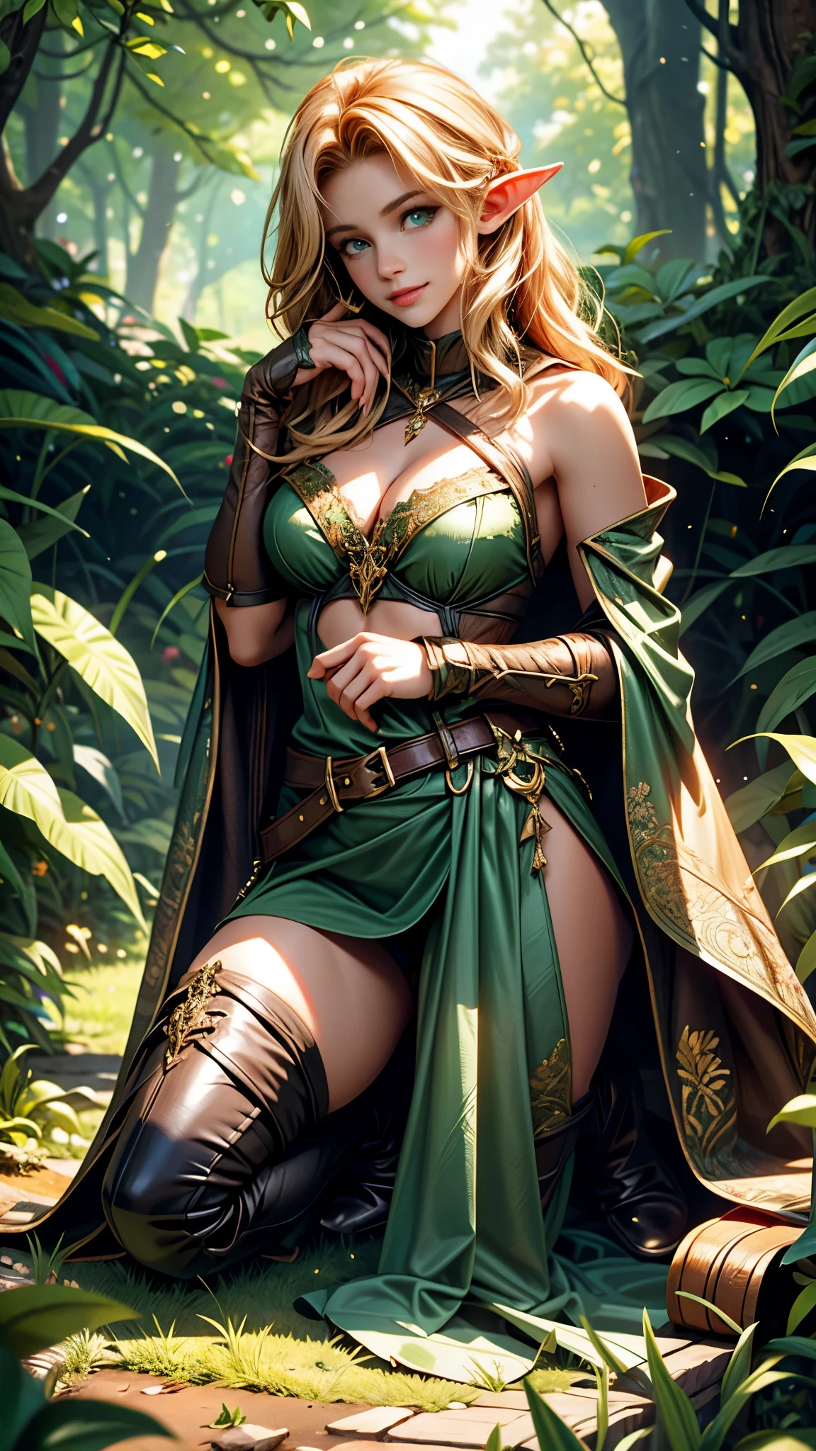 (Raw photo:1.2), (Photorealistic), Beautiful detailed girl, Very detailed eyes and face, Beautiful detailed eyes, Huge file size, High resolution, Very detailed, Best Quality, [masterpiece:1.6], Illustration, Very detailed, Fine detail, Best Quality, 32K Wallpaper, in fairy forest, mystical old trees, intricate details, beautiful young ranger elf girl, short height, medium breast, gentle smile, low cut leather tanga and bra, green cape, full body photo, kneeling, legs open