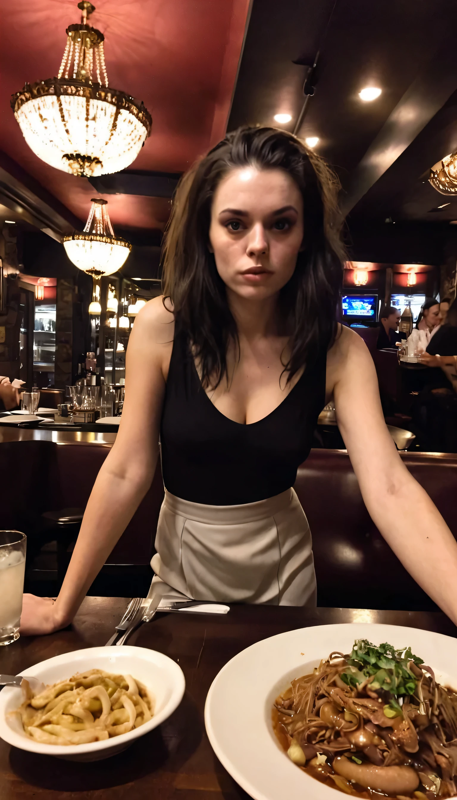 ((wide angle)), woman 
dark low lit , clutter,  
Stacy,
(elegant dark moody restaurant, )
crowded, 
((dimly lit, low lit, deep focus, snapchat))
 bad quality , grainy jpg , blurred, motionblur, ugly,