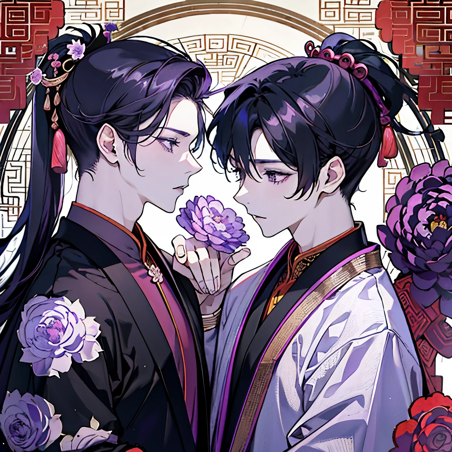 Purple and black robes,(Two boys around 16 years old:1.5),Ancient Chinese style war god clothing,(kiss),(ponytail:1.4),A solemn atmosphere reminiscent of a Kannon temple,(Chinese peony:1.35)