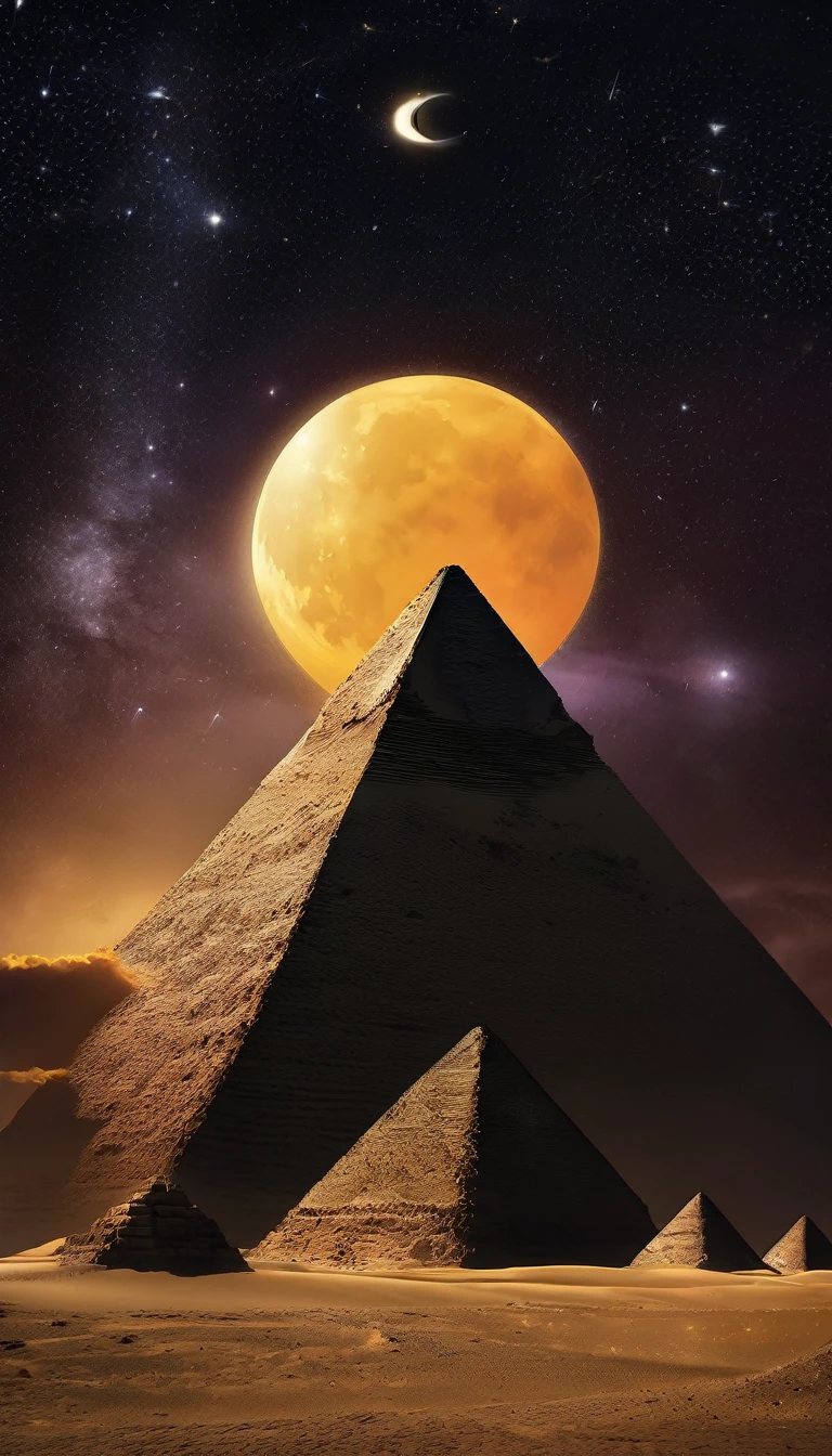 A surreal and dramatic scene of pyramids in a desert under a night sky, con una luna grande y detallada visible contra el cielo oscuro, parcialmente iluminada por la luz del sol creando un efecto de eclipse, y estrellas en el cielo alrededor de la luna.